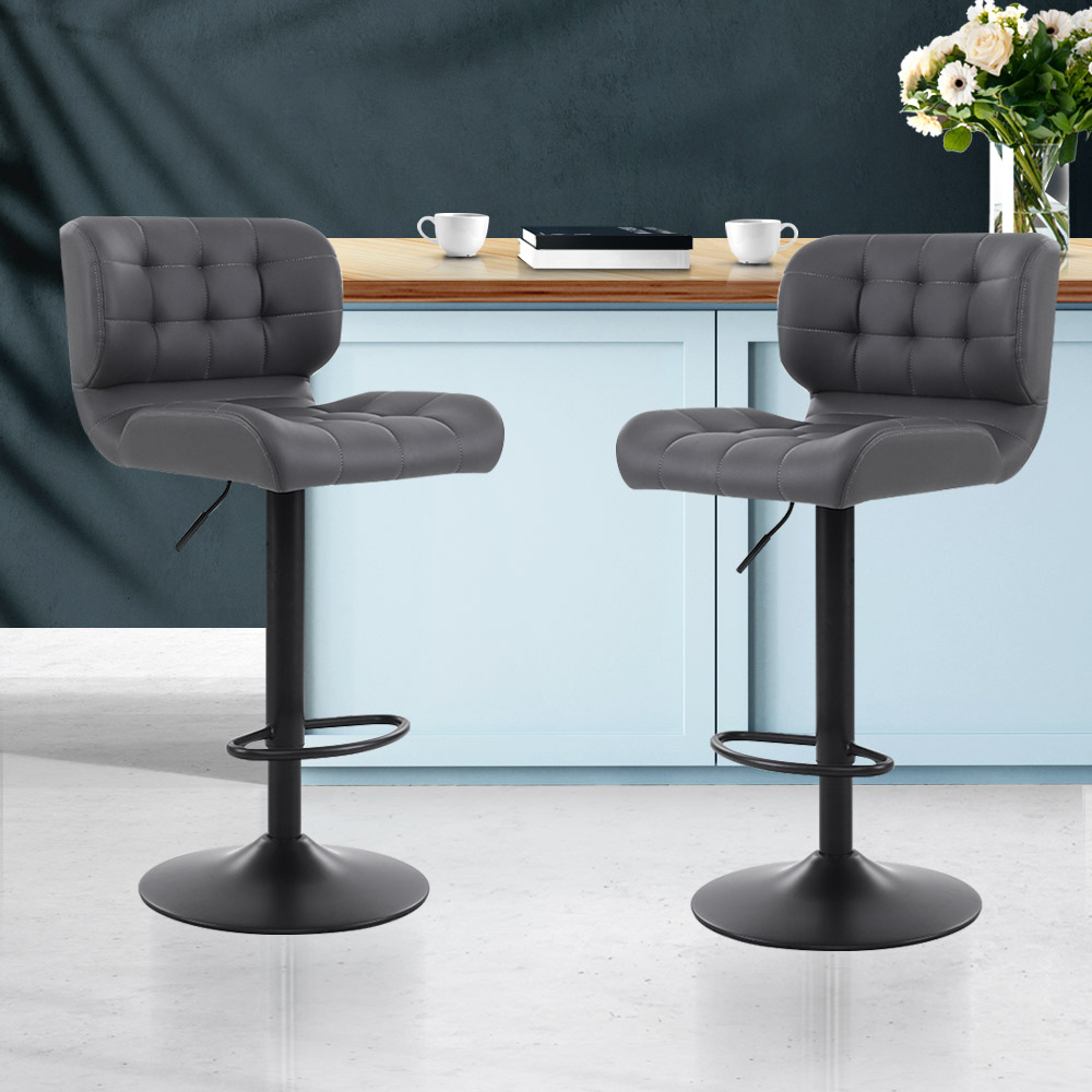 Artiss Set of 2 Kitchen Bar Stools Gas Lift Plush PU Leather - Black and Grey Artiss 2x Bar Stools Gas Lift Leather Padded Grey - Image 1