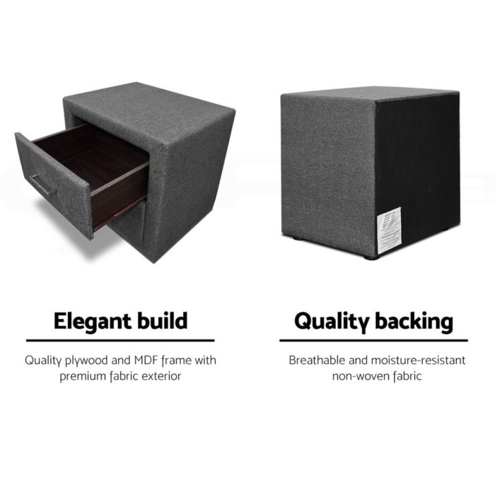 Artiss Bedside Table 2 Drawers Fabric - CADEN Grey - Image 4