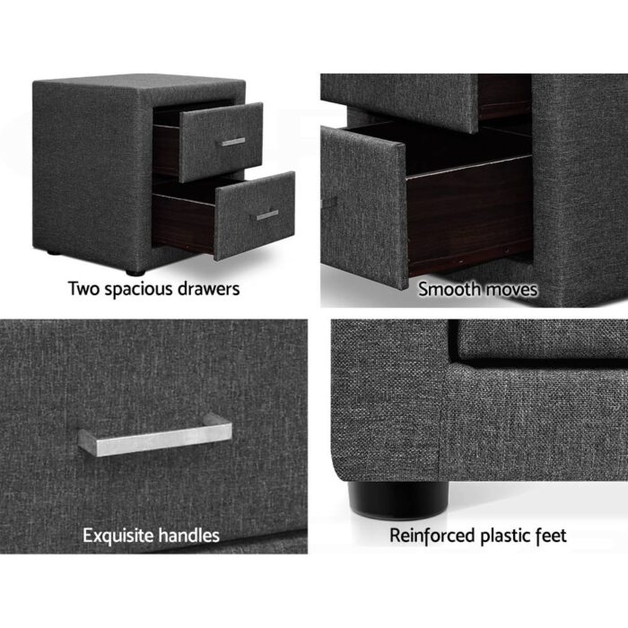 Artiss Bedside Table 2 Drawers Fabric - CADEN Grey - Image 5