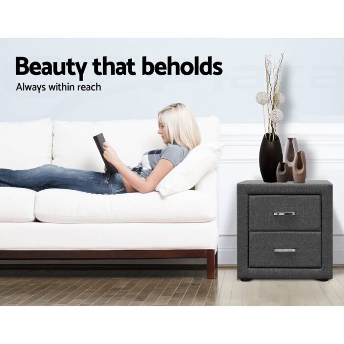 Artiss Bedside Table 2 Drawers Fabric - CADEN Grey - Image 7
