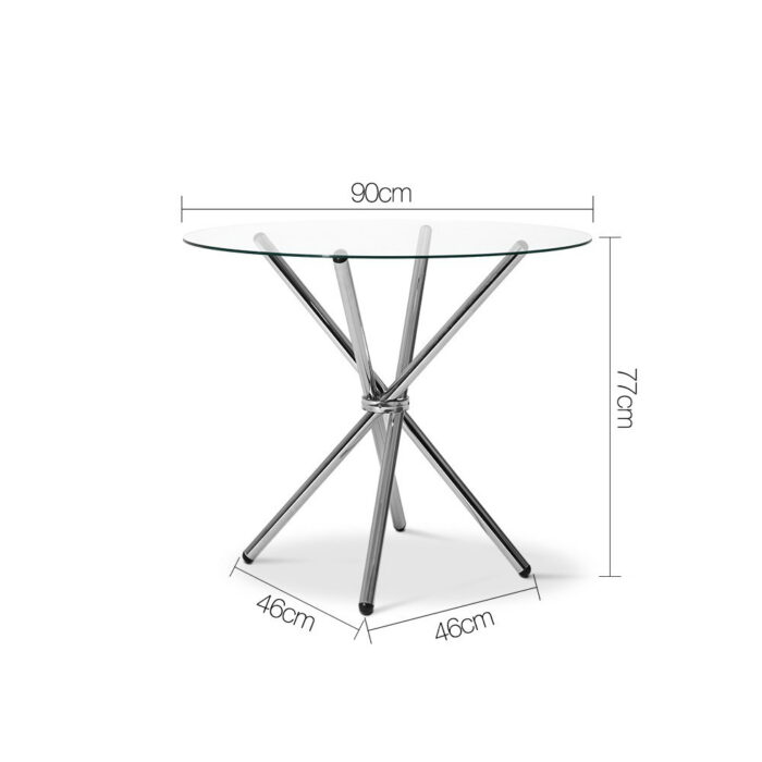Artiss Round Dining Table 4 Seater 90cm Tempered Glass Clear Chrome Steel Legs Cross Cafe Kitchen Tables - Image 4