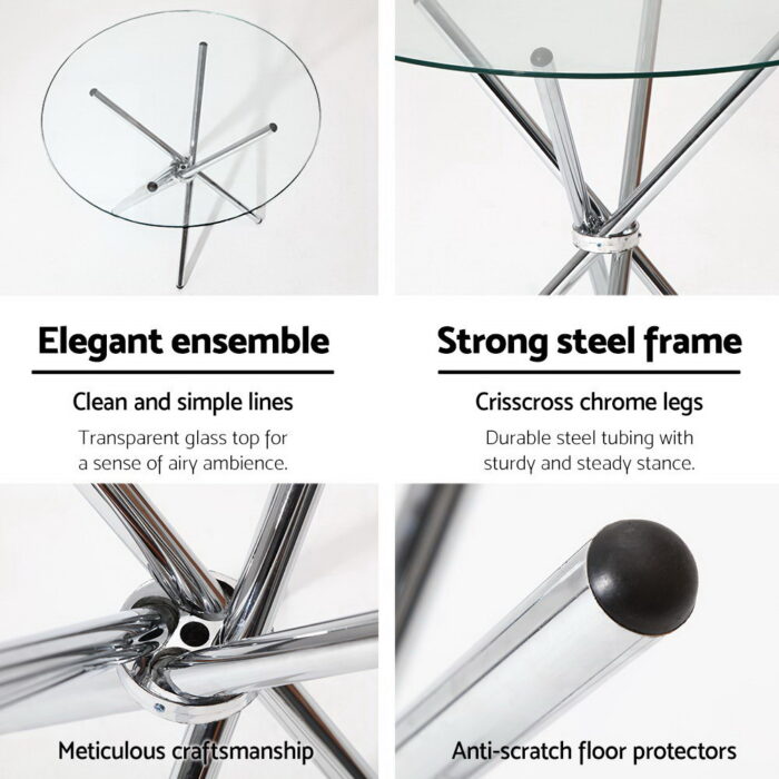 Artiss Round Dining Table 4 Seater 90cm Tempered Glass Clear Chrome Steel Legs Cross Cafe Kitchen Tables - Image 2