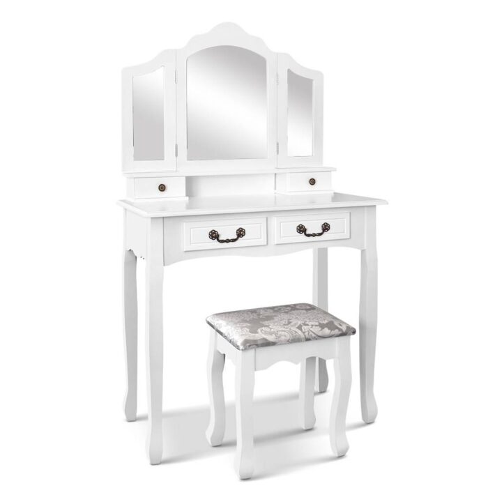Artiss Dressing Table Stool Set Foldable Mirror White - Image 2