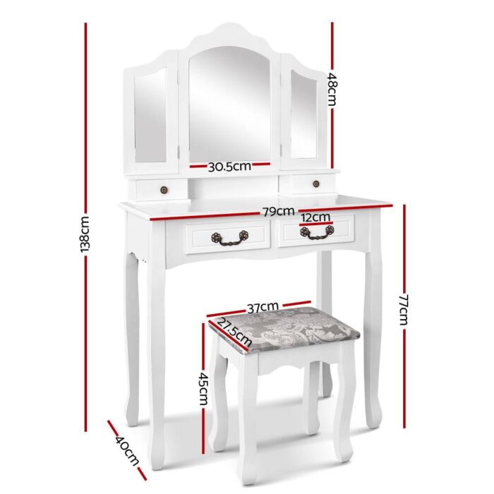 Artiss Dressing Table Stool Set Foldable Mirror White - Image 3
