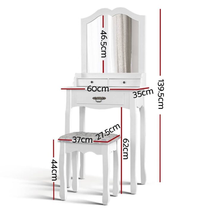 Artiss Dressing Table Stool Mirror Drawer Makeup Jewellery Cabinet White Desk - Image 3