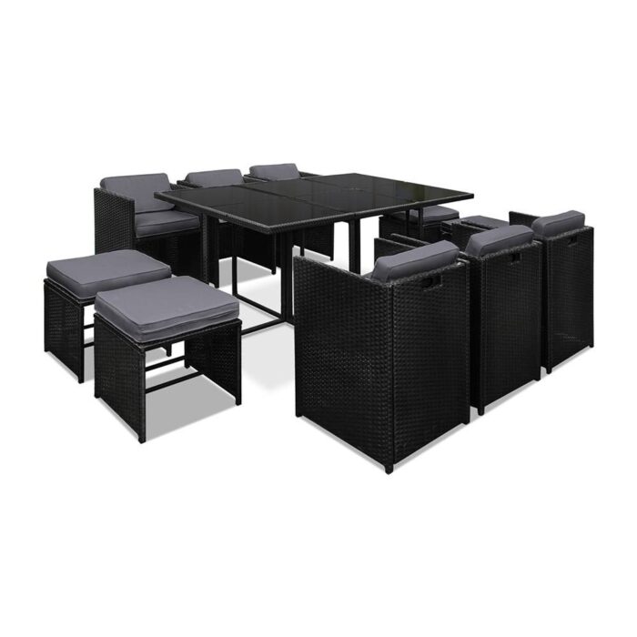 Gardeon Outdoor Dining Set 11 Piece Wicker Table Chairs Setting Black - Image 2