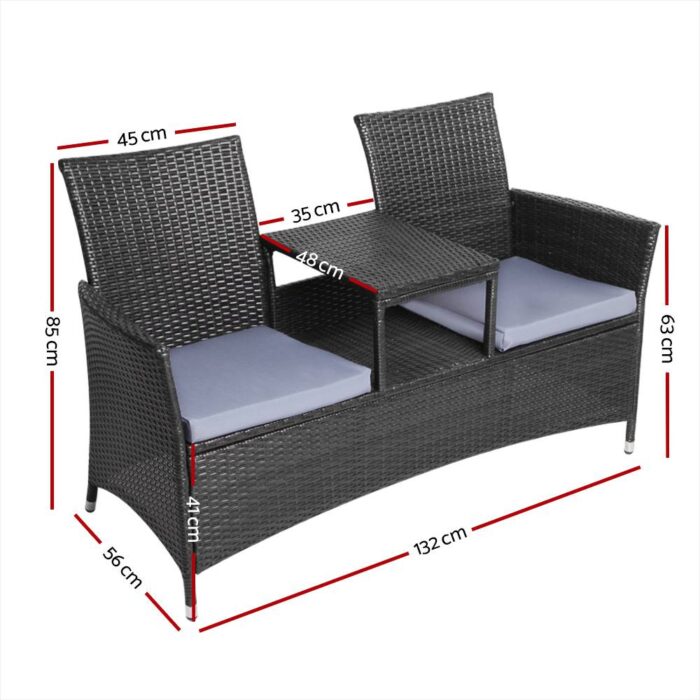 Gardeon 2 Seater Outdoor Wicker Bench - Black - Image 3