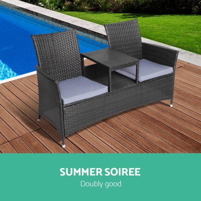 Gardeon 2 Seater Outdoor Wicker Bench - Black - Image 4