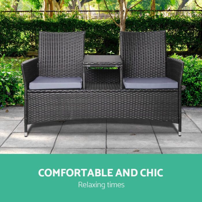 Gardeon 2 Seater Outdoor Wicker Bench - Black - Image 5