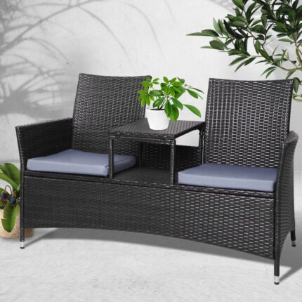 Gardeon 2 Seater Outdoor Wicker Bench - Black