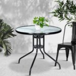 Gardeon Outdoor Bar Table Glass Cafe Table Steel Side Parasol Hole