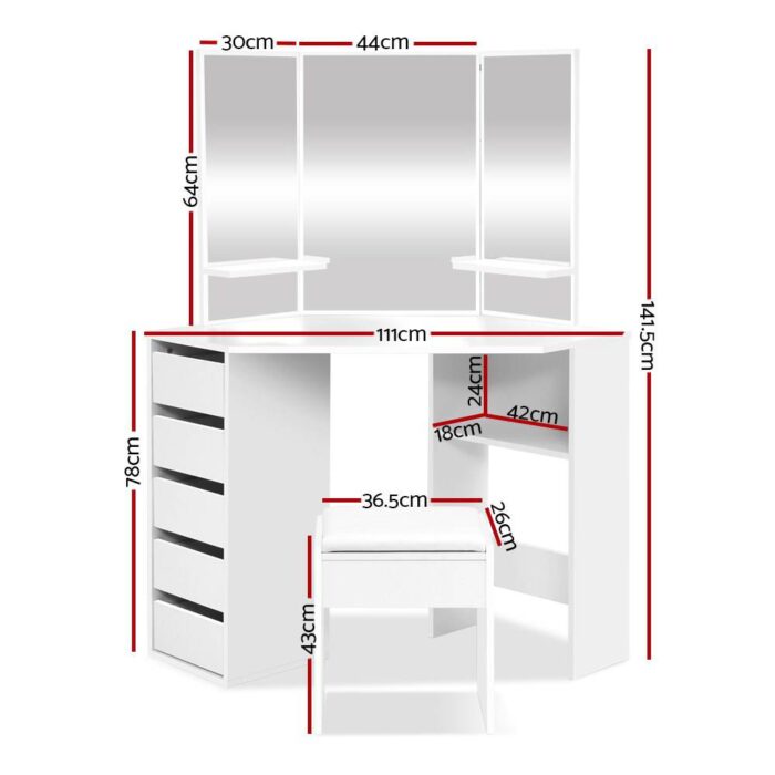 Artiss Dressing Table Stool Set Corner 5 Drawers White - Image 3