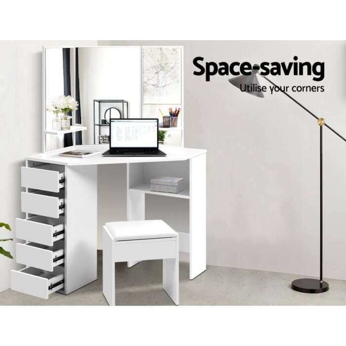 Artiss Dressing Table Stool Set Corner 5 Drawers White - Image 4