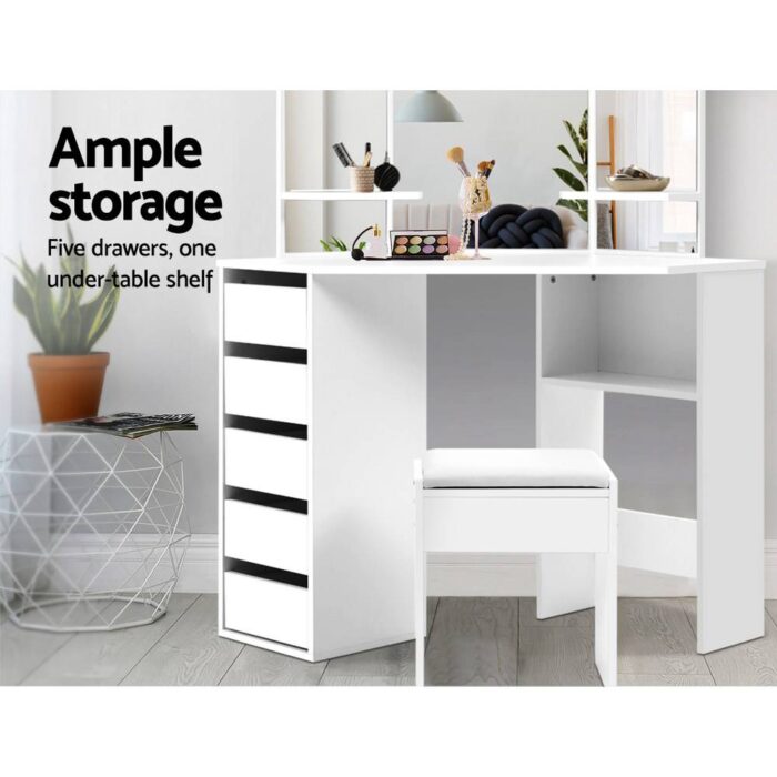 Artiss Dressing Table Stool Set Corner 5 Drawers White - Image 5