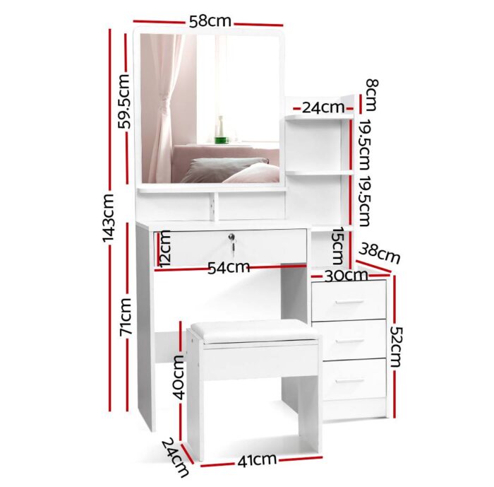 Artiss Dressing Table Stool Set 4 Drawers White - Image 3
