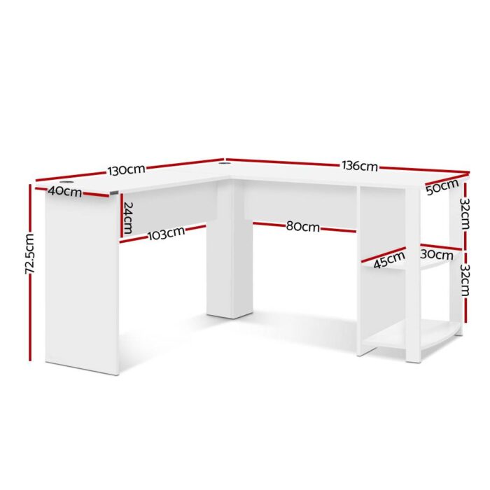 Artiss Computer Desk Shelf L-Shape White 136CM - Image 3