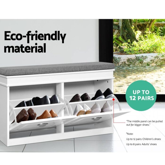 Artiss Shoe Cabinet Bench Shoes Storage Rack Organiser Drawer White Shelf 12 Pairs Box - Image 6