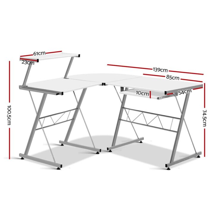 Artiss Computer Desk L-Shape Keyboard Tray Shelf White - Image 3