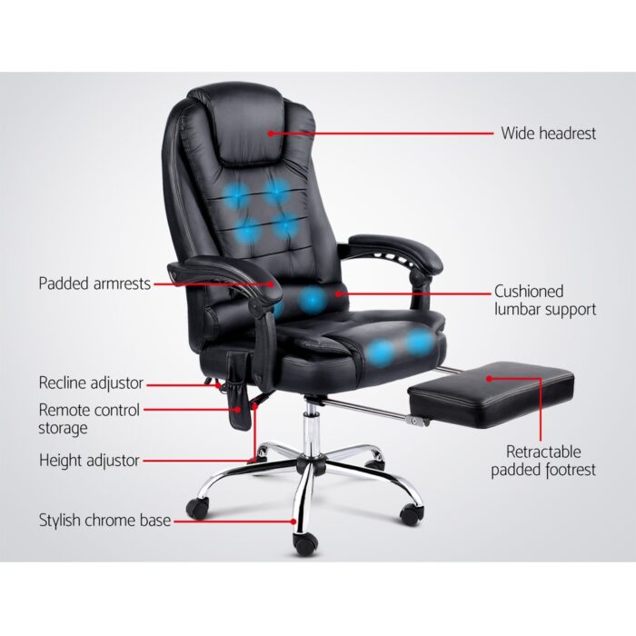 Artiss 8 Point Massage Office Chair PU Leather Footrest Black - Image 4