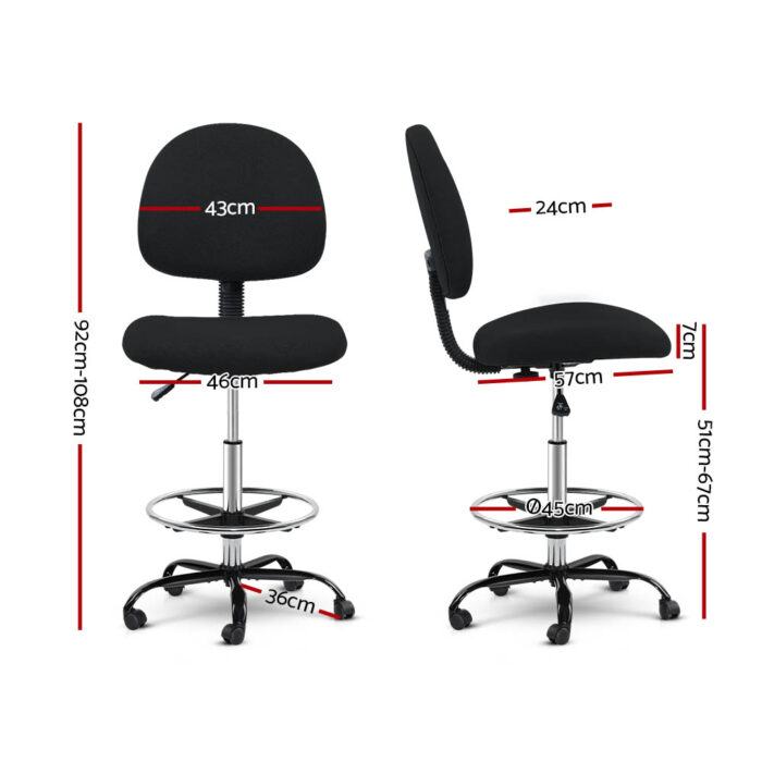 Artiss Office Chair Drafting Stool Fabric Chairs Black - Image 3