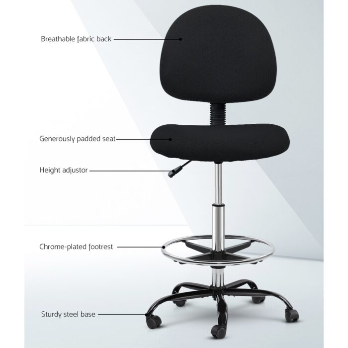 Artiss Office Chair Drafting Stool Fabric Chairs Black - Image 4