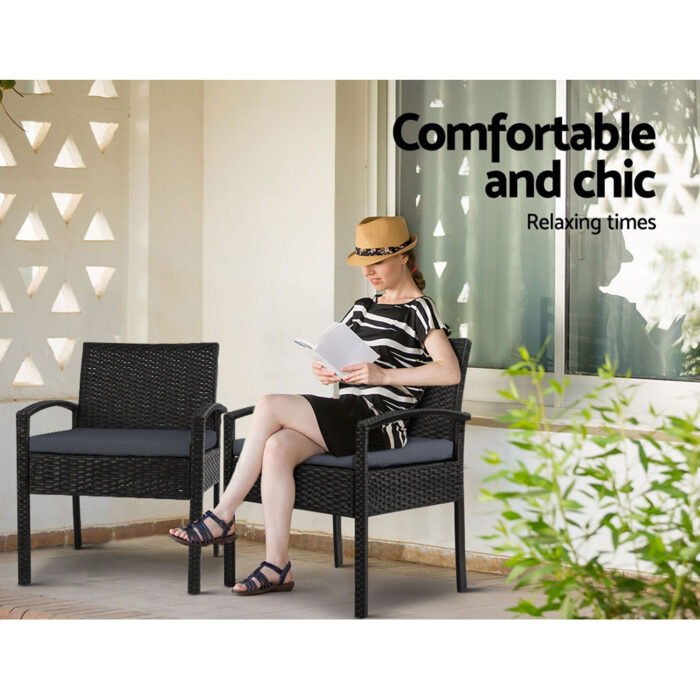 Gardeon 3PC Bistro Set Outdoor Furniture Rattan Table Chairs Cushion Patio Garden Felix - Image 4