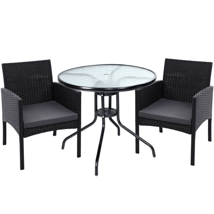 Gardeon 3PC Bistro Set Outdoor Furniture Rattan Table Chairs Cushion Patio Garden Ezra - Image 2