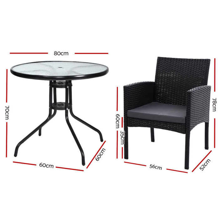 Gardeon 3PC Bistro Set Outdoor Furniture Rattan Table Chairs Cushion Patio Garden Ezra - Image 3
