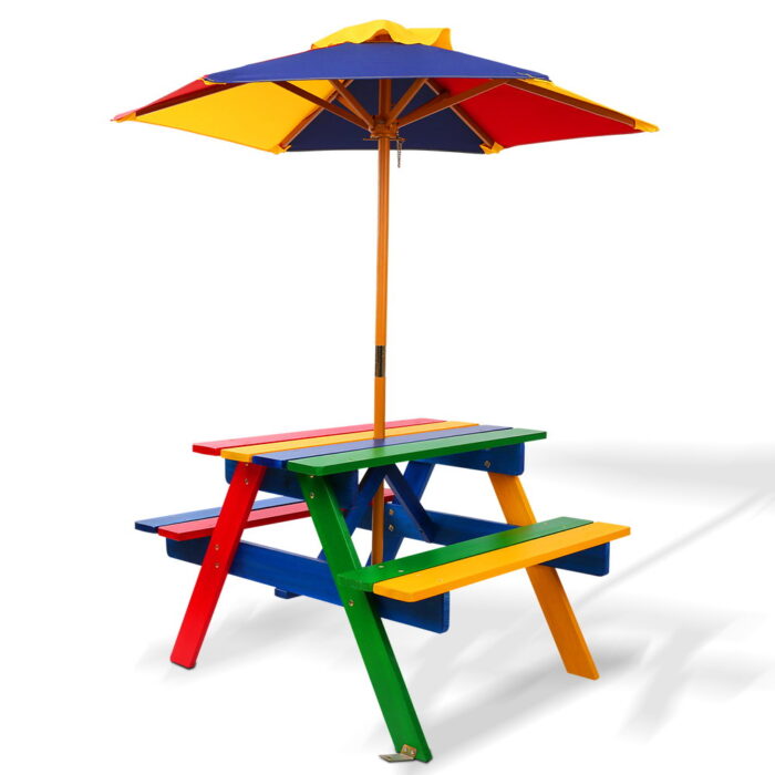 Keezi Kids Wooden Picnic Table Set with Umbrella - Image 2