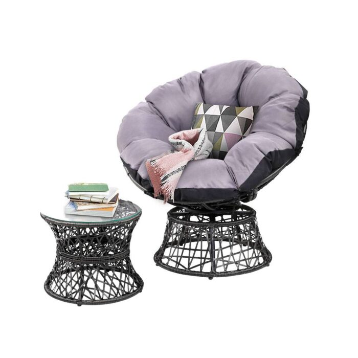 Gardeon Outdoor Lounge Setting Papasan Chair Wicker Table Garden Furniture Black - Image 2