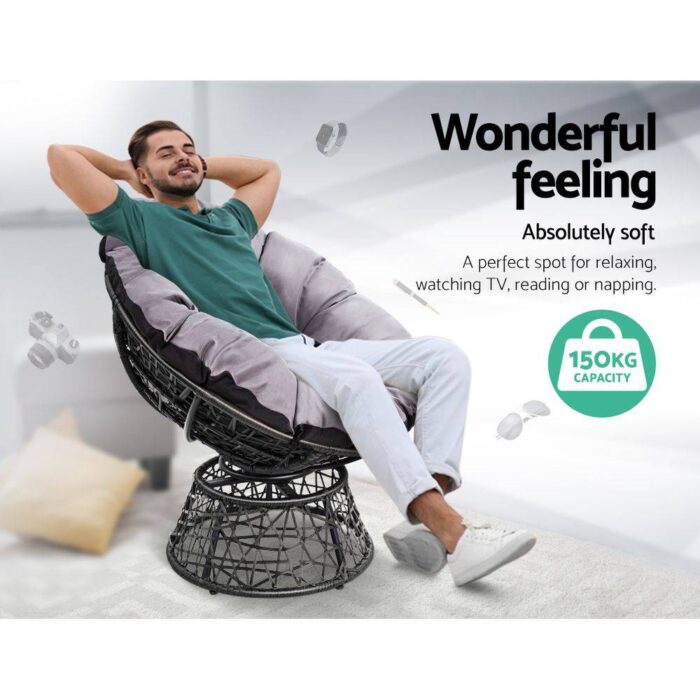 Gardeon Outdoor Lounge Setting Papasan Chair Wicker Table Garden Furniture Black - Image 5