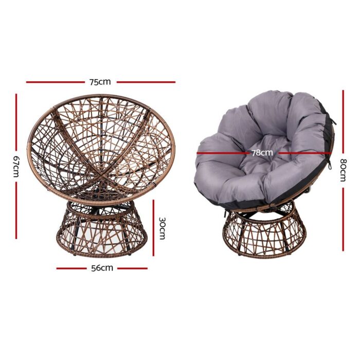Gardeon Outdoor Lounge Setting Furniture Wicker Papasan Chairs Table Patio Brown - Image 3