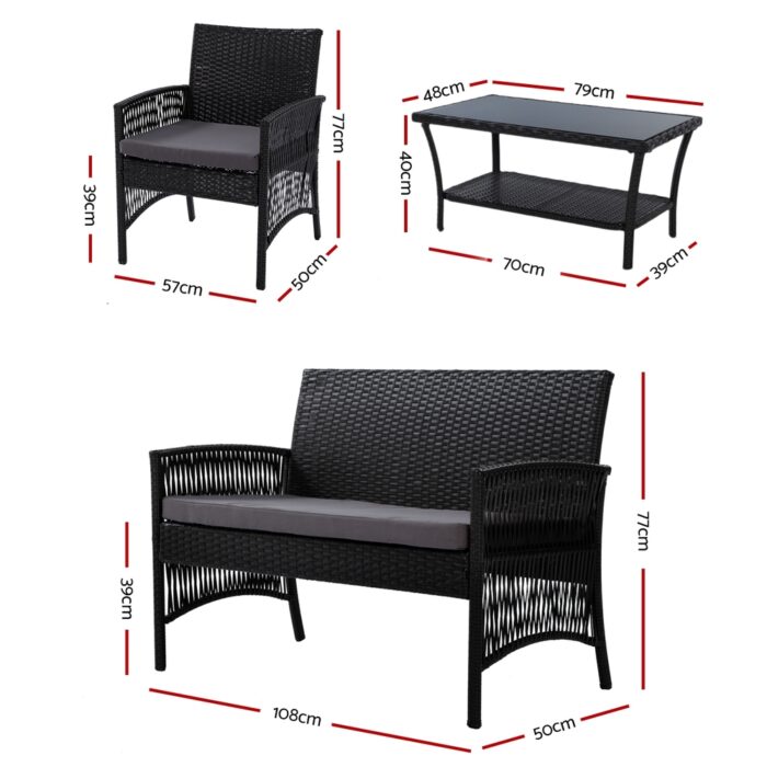 Gardeon 4PCS Outdoor Lounge Setting Sofa Set Patio Wicker Furniture Black - Image 3