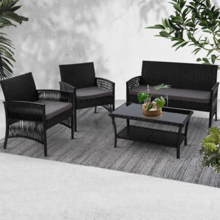 Gardeon 4PCS Outdoor Lounge Setting Sofa Set Patio Wicker Furniture Black