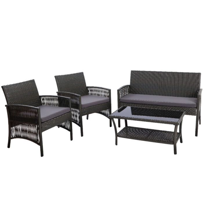 Gardeon 4PCS Outdoor Lounge Setting Sofa Set Patio Wicker Furniture Grey - Image 2