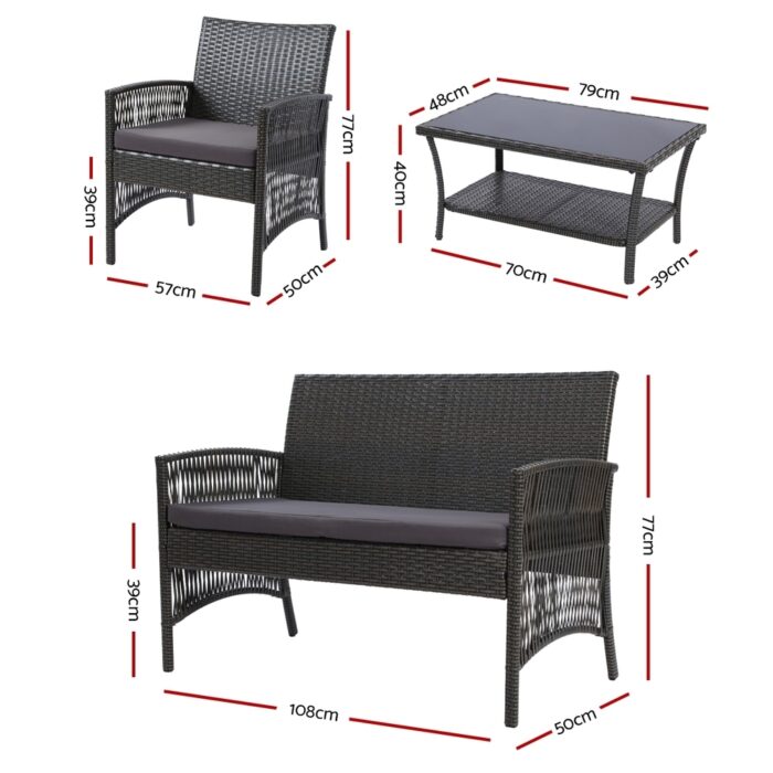 Gardeon 4PCS Outdoor Lounge Setting Sofa Set Patio Wicker Furniture Grey - Image 3