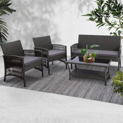 Gardeon 4PCS Outdoor Lounge Setting Sofa Set Patio Wicker Furniture Grey