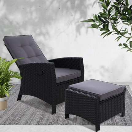 Gardeon Recliner Chair Sun lounge Wicker Lounger Outdoor Patio Furniture Adjustable Black