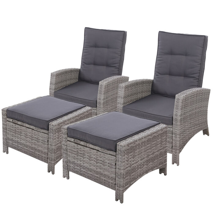 Gardeon 2PC Recliner Chairs Sun lounge Wicker Lounger Outdoor Furniture Adjustable Grey - Image 2