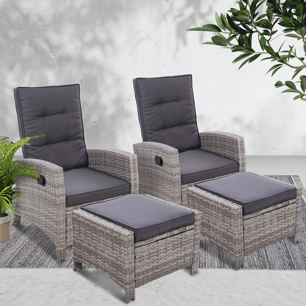 Set of 2 Sun lounge Recliner Chair Wicker Lounger Sofa Day Bed Outdoor Chairs Patio Furniture Garden Cushion Ottoman Gardeon Gardeon 2PC Recliner Chairs Sun lounge Wicker Lounger Outdoor Furniture Adjustable Grey - Image 1