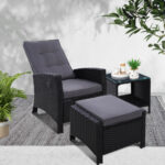 Gardeon 3PC Recliner Chairs Table Sun lounge Wicker Outdoor Furniture Adjustable Black