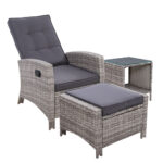 Gardeon 3PC Recliner Chairs Table Sun lounge Wicker Outdoor Furniture Adjustable Grey - Image 2