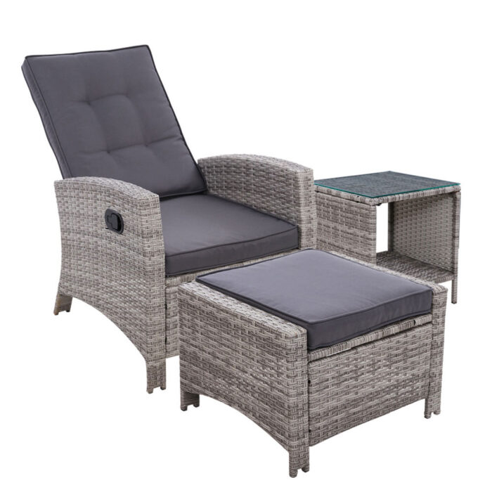 Gardeon 3PC Recliner Chairs Table Sun lounge Wicker Outdoor Furniture Adjustable Grey - Image 2