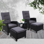Gardeon 5PC Recliner Chairs Table Sun lounge Wicker Outdoor Furniture Adjustable Black