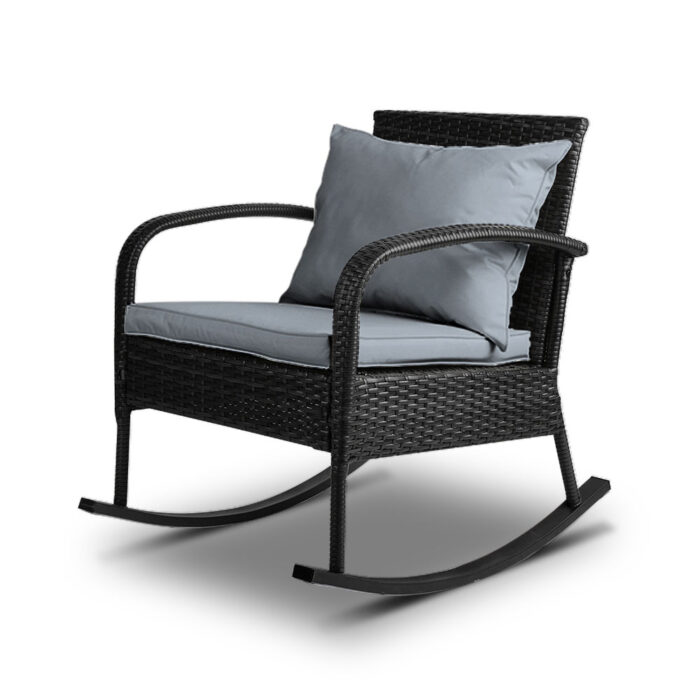Gardeon Outdoor Furniture Rocking Chair Wicker Garden Patio Lounge Setting Black - Image 2