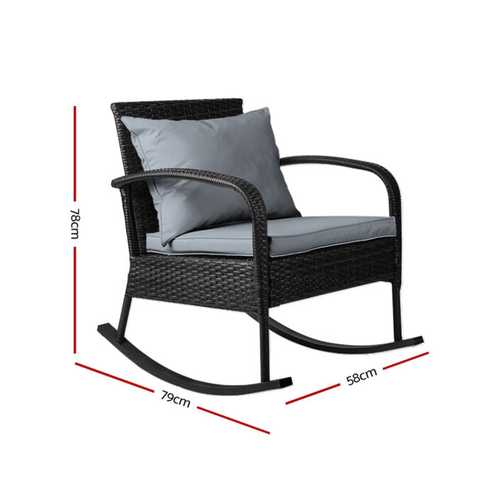 Gardeon Outdoor Furniture Rocking Chair Wicker Garden Patio Lounge Setting Black - Image 3