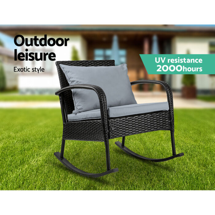 Gardeon Outdoor Furniture Rocking Chair Wicker Garden Patio Lounge Setting Black - Image 5