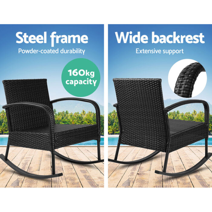 Gardeon Outdoor Furniture Rocking Chair Wicker Garden Patio Lounge Setting Black - Image 7