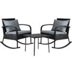 Gardeon 3PC Rocking Chair Table Wicker Outdoor Furniture Patio Bistro Set Black - Image 2