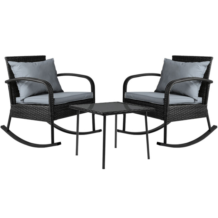 Gardeon 3PC Rocking Chair Table Wicker Outdoor Furniture Patio Bistro Set Black - Image 2